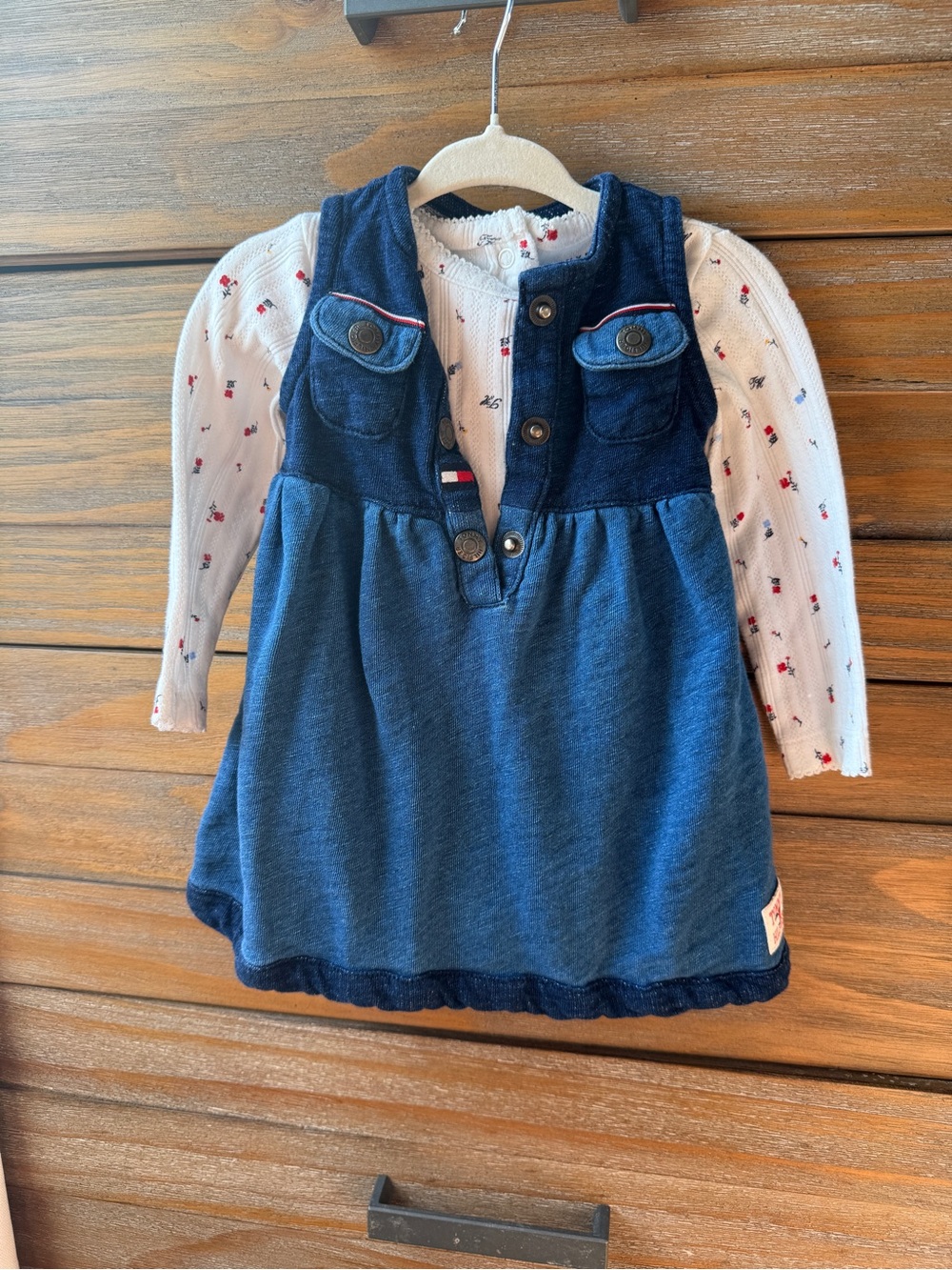 Tommy Hilfiger Blue Denim Dress with White Floral Bodysuit